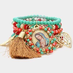 7PCS - Mother Mary Butterfly Flower Heart Tassel Charm Beaded Stretch Bracelets